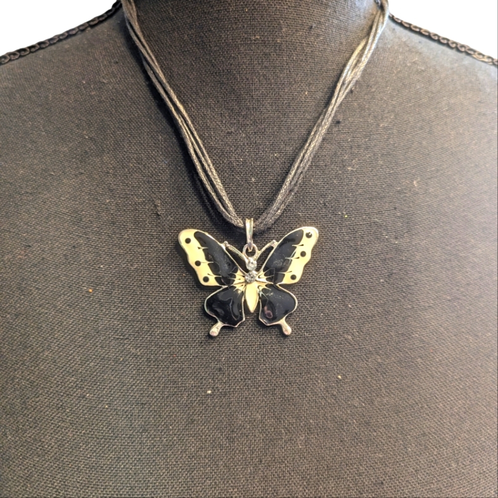 Black and Ivory Enamel Butterfly Pendant